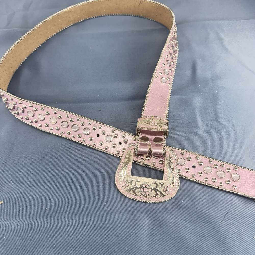 Women's Genuine Leather Western Belt With Rhinestones With Buckle 41" Pink
